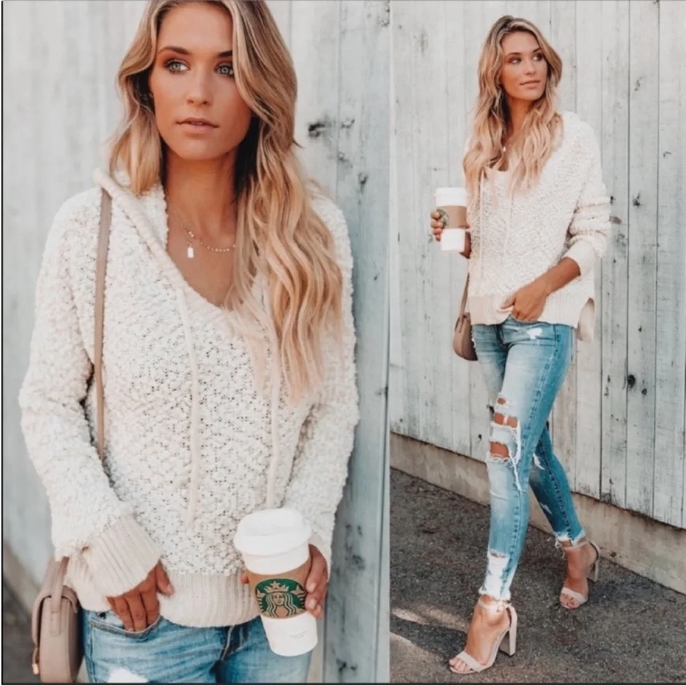 Cream Popcorn Hoodie Sweater - Picture 1 of 7
